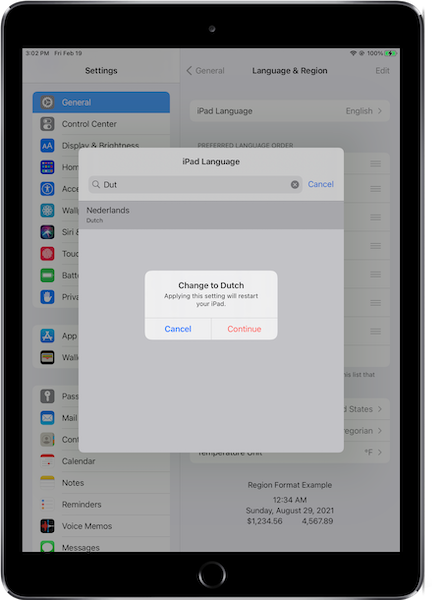 The iPad Language window where you change to a language that Salesforce supports.