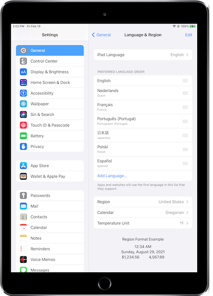 The Language & Region setting on an iPad.