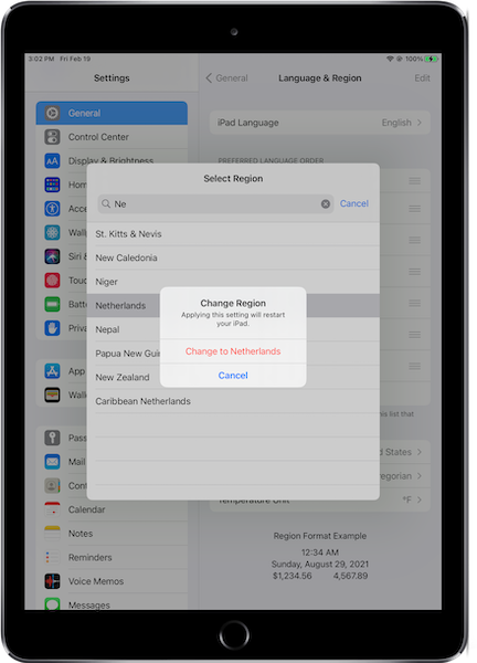 The Region Change window on an iPad.