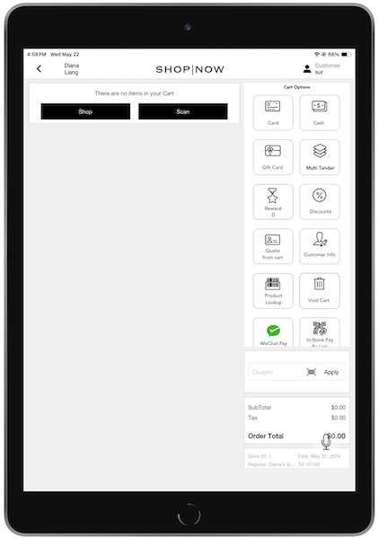 In the POS app, choose whether to shop or scan items when the cart is empty.