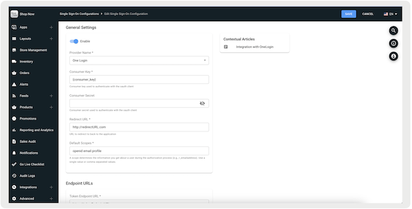 The Edit Single Sign-on configuration in Point of Sale CMS, where you enter your ONeLogin credentials.
