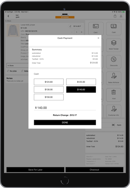The Cash Payment window in the POS app, where you enter a cash amoutn and select Done at the bottom of the window.