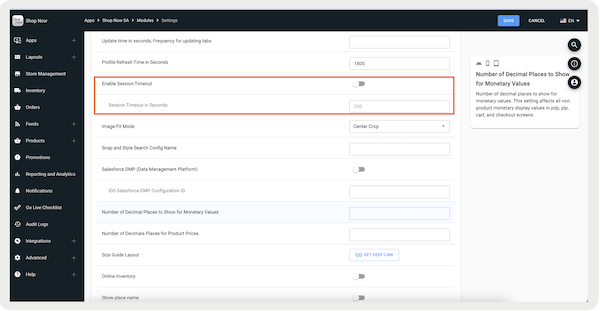The Enable Session Timeout setting in Point of Sale CMS, where you enter the session timeout in seconds value.