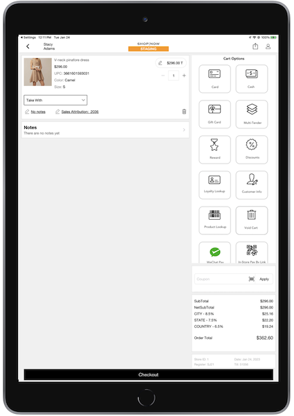 GTIN, Color, and Size fields showing in the POS app.