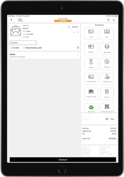 The POS app showing the default values configured for each field.
