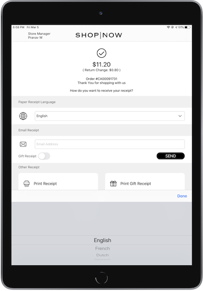 The POS App asking you what language you want your paper receipt in, with the user selecting English at the bottom.