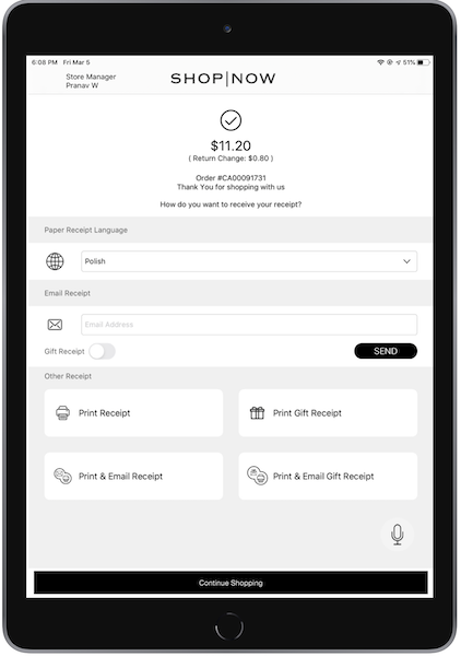 The POS app asking you what language you want your paper receipt in, with Polish selected.