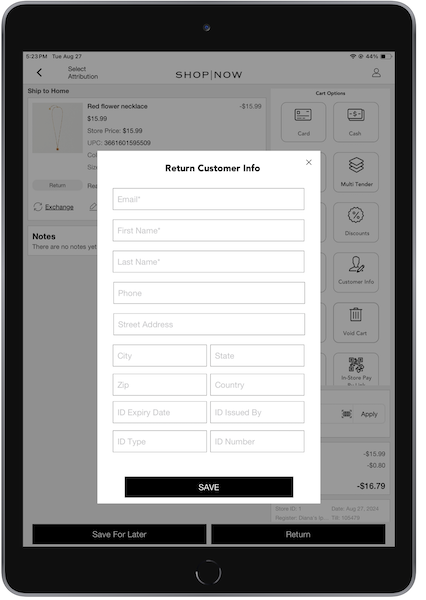 The Return Customer Info window in the POS App.