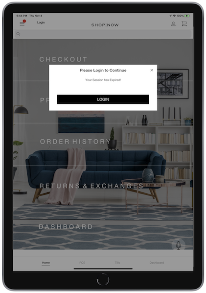 The Please Login to COntinue window in the POS app that users see when their SSO session expires.