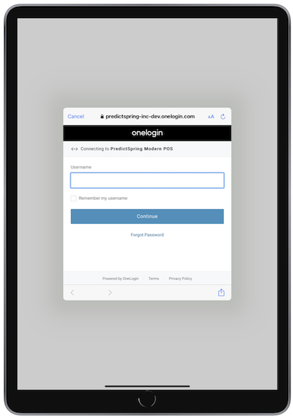 The onelogin screen in the POS app where managers enter their credentials before approving an associate's actions.