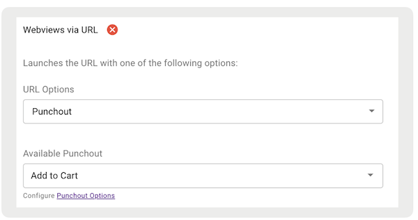 The Webviews via URL setting in Point of Sale CMS, with Punchout selected in the URL Options dropdown.