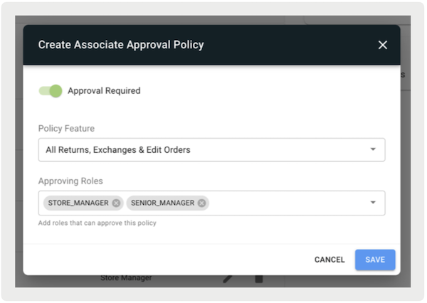 The Associate Approval Policy setting in Point of Sale CMS.