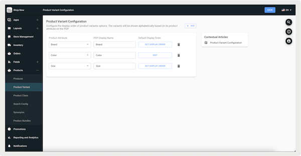 The Product Variant Configuration section of Point of Sale CMS.
