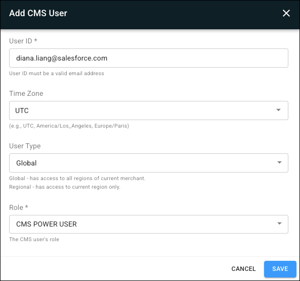 The Add CMS User window with User Type configured in Point of Sale CMS.