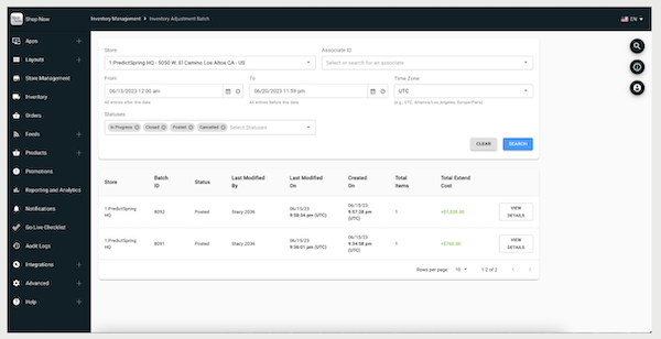 The Inventory Management Batch section in Point of Sale CMS.