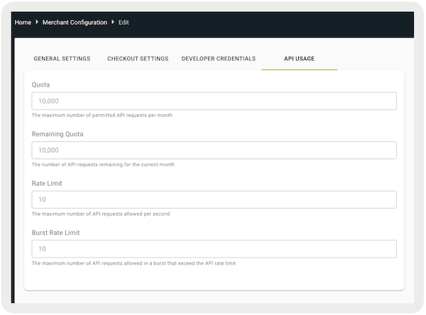 The API Usage tab in the Merchant COnfiguration section of Point of Sale CMS.