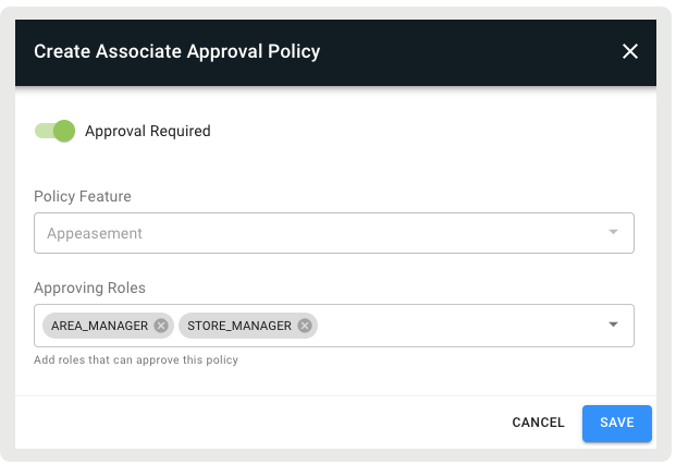 The Create Associate Approval Policy section of Point of Sale CMS.