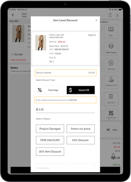 The Item Level Discount window in the POS app.