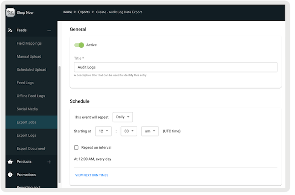 The Audit Log Data Export settings in Point of Sale CMS.