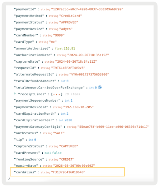 THe JSON payload for Ayden Payments.