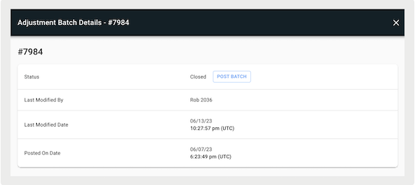 The Adjustment Batch Details in Point of Sale CMS.