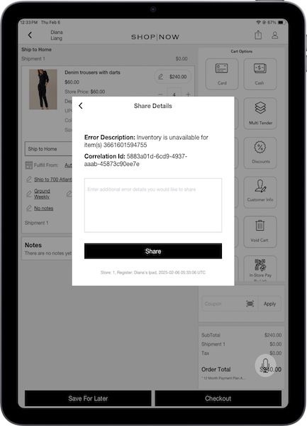 A cart validation error with correlation ID in the POS app.