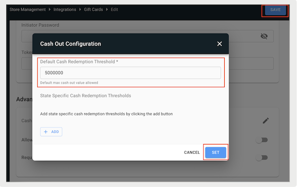 The Default Cash Redemption Threshold setting configured in Point of Sale CMS.