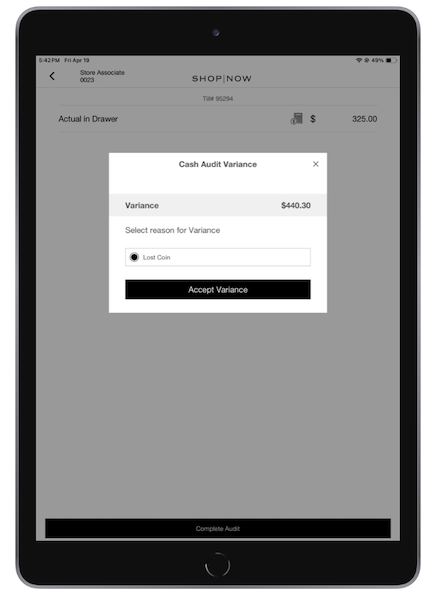 The Cash Audit Variance window in the POS app.