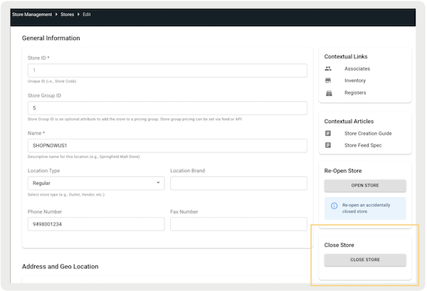 The Store section of Point of Sale CMS, where you can choose to close a store.