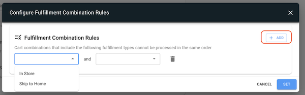 The Configure Fulfillment COmbination Rules section of Point of Sale CMS.