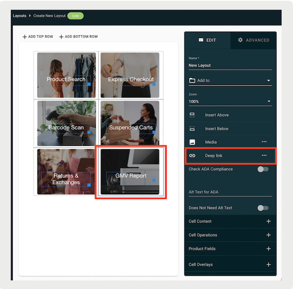 The Deep Link access selection in the POS app.