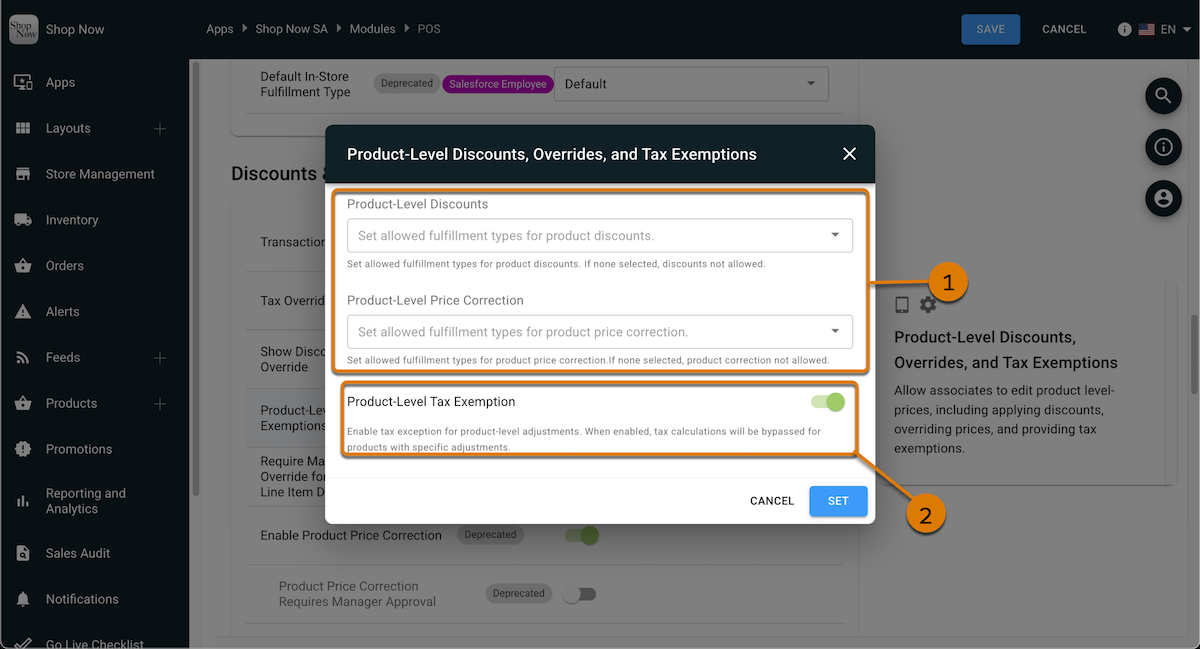 The Product-Level Discounts, Overrides, and Tax Exemptions modal in Point of Sale CMS.