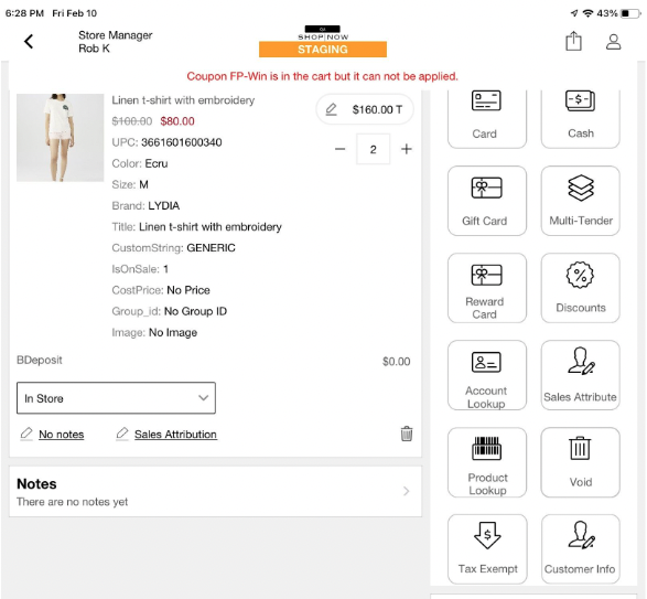 The POS App with a Coupon Warning in the cart.