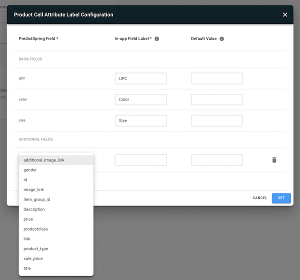 The Product CellAttribute Label Configuration page in Point of Sale CMS.