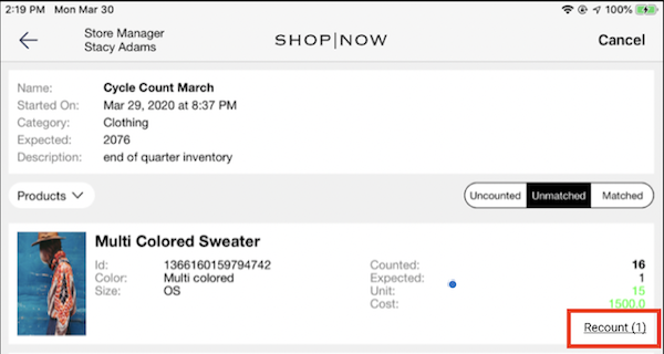 The Cycle Count March window in the POS app.