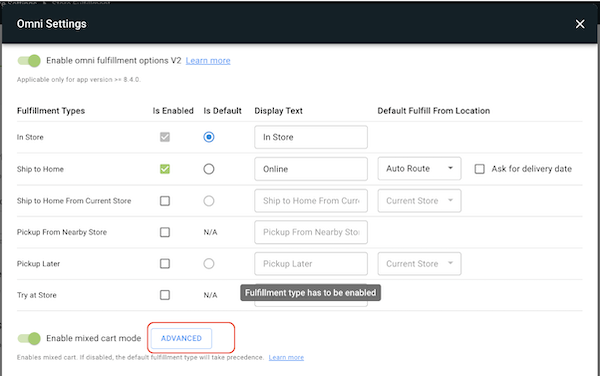 The Omni Settings section of Point of Sale CMS, with the Advanced option next to Enable mixed cart mode highlighted.