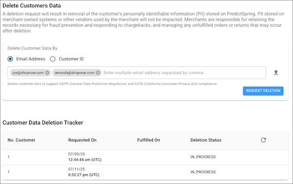 The Delete Customer Data settings in Point of Sale CMS.