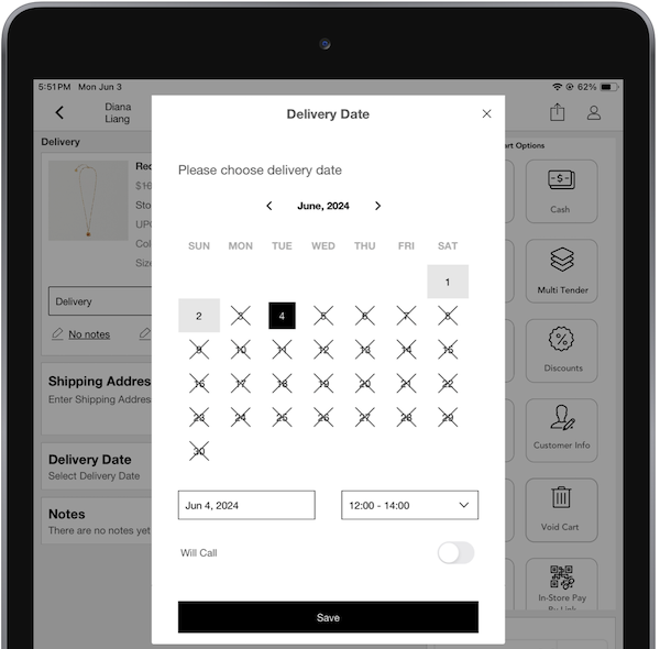 The Delivery Date selector in the POS app.