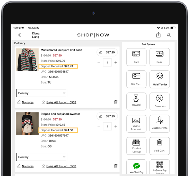 The POS app showing a deposit required on purchases.