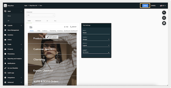 The app config edited in the CMS and an example of how the POS app will appear.
