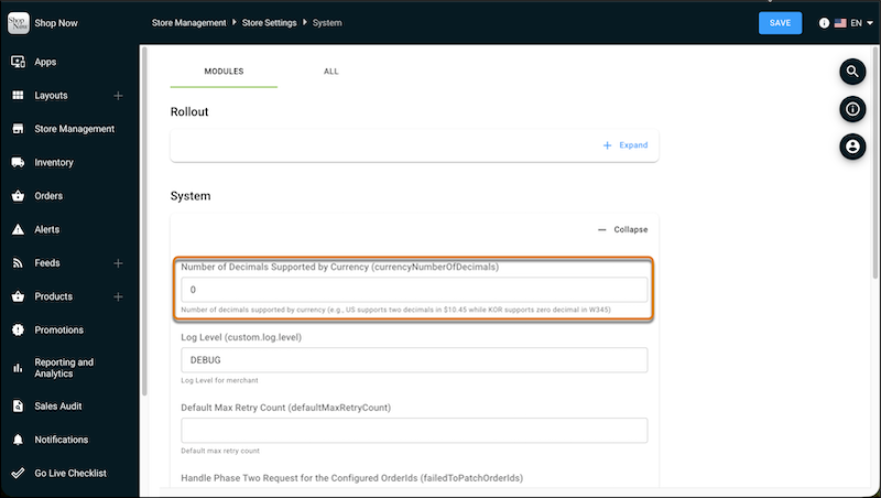 The system settings in Point of Sale CMS.