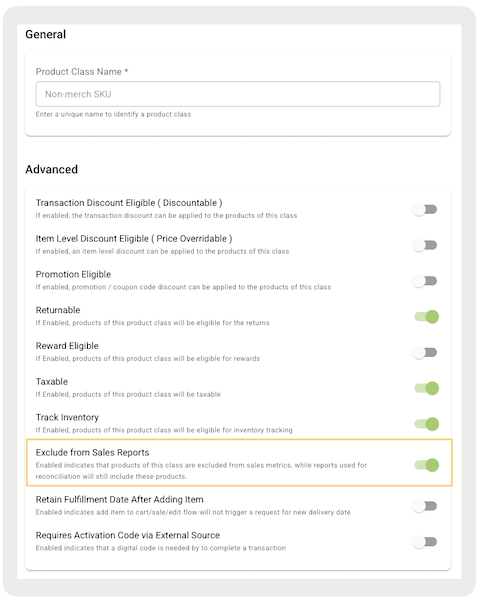 The Exclude from Sales Report toggle in Point of Sale CMS.