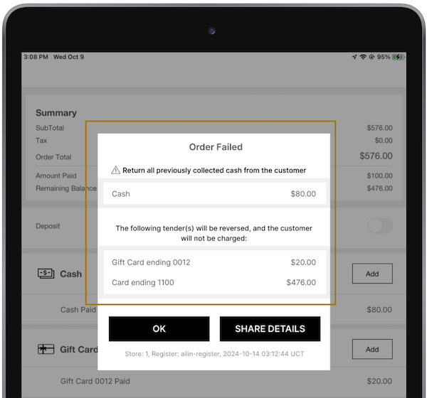 The Orders Failed window in the POS app.