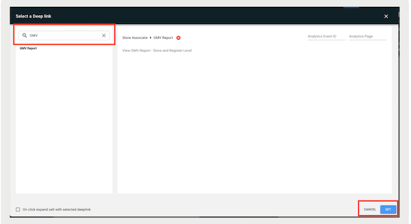 The Deep Link where you select a report to connect to the deep link in Point of Sale CMS.