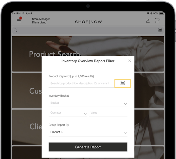 The Inventory Overview Report Filter in the POS App.