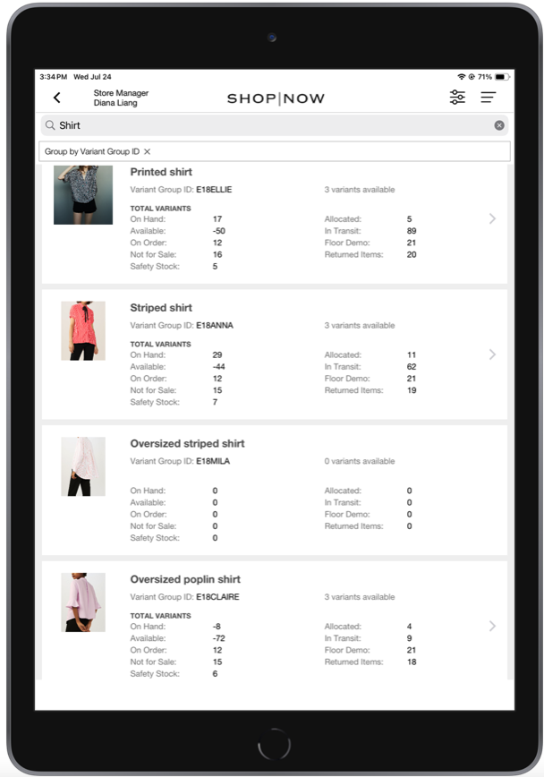 The Inventory Management screen in the POS app, grouped by Variant Group ID.