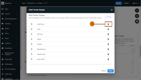 The trash can icon to delete a multi tender payment method in Point of Sale CMS.