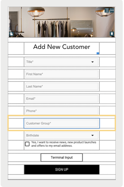The Add New Customer screen in the POS app with the Customer Group field highlighted.