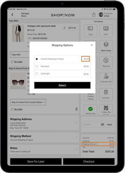 The Shipping Options window in the POS app, where you can select the shipping type.