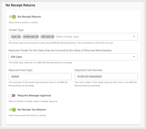 THe No Receipt Returns settings in Point of Sale CMS.
